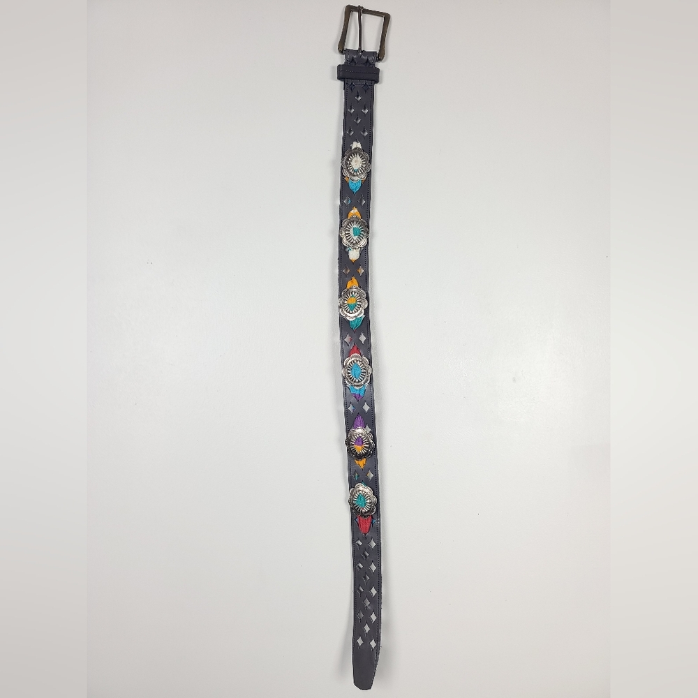 Vintage Charcoal Gray Western Leather Serape Silver-Tone Stamped Concho Belt M - Picture 13 of 16